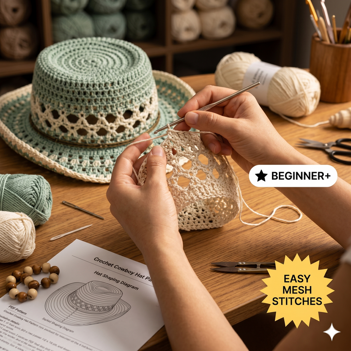 Crochet Cowboy Hat Pattern PDF, Beach Girl Summer Hat Crochet Pattern, Mesh Western Hat Tutorial, Boho Cowgirl Hat DIY, Festival Hat Pattern