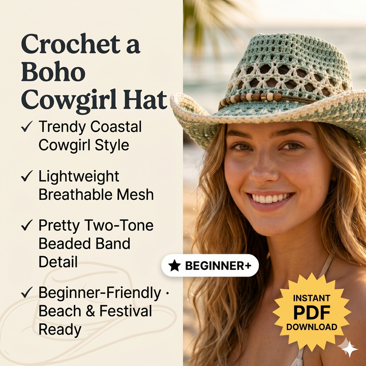 Crochet Cowboy Hat Pattern PDF, Beach Girl Summer Hat Crochet Pattern, Mesh Western Hat Tutorial, Boho Cowgirl Hat DIY, Festival Hat Pattern