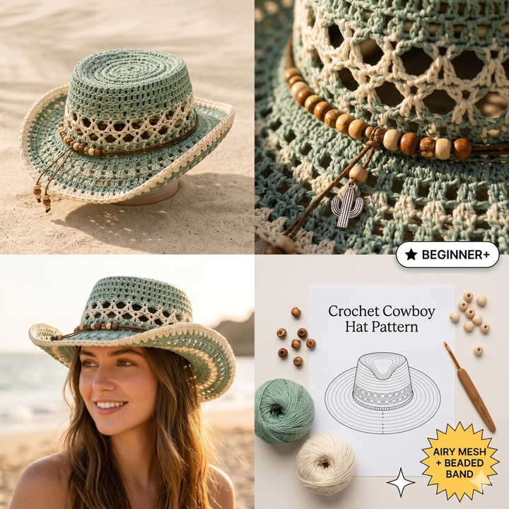 Crochet Cowboy Hat Pattern PDF, Beach Girl Summer Hat Crochet Pattern, Mesh Western Hat Tutorial, Boho Cowgirl Hat DIY, Festival Hat Pattern