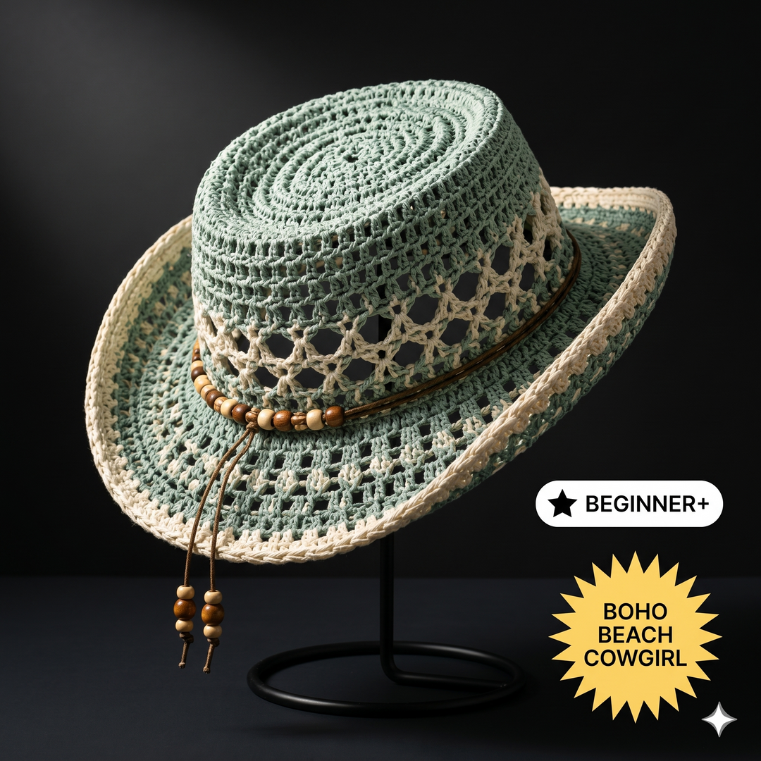 Crochet Cowboy Hat Pattern PDF, Beach Girl Summer Hat Crochet Pattern, Mesh Western Hat Tutorial, Boho Cowgirl Hat DIY, Festival Hat Pattern