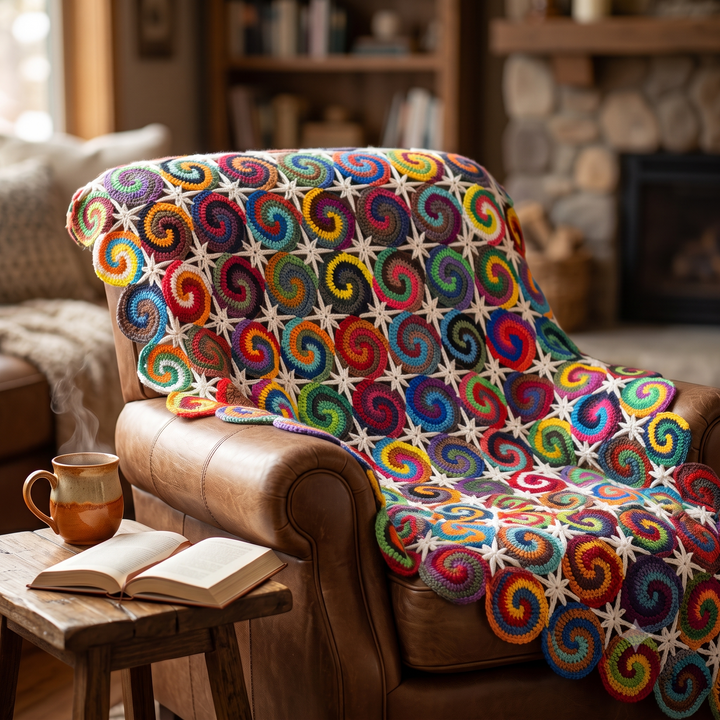 Spiral Swirl Blanket Crochet Pattern PDF, Colorful Motif Afghan, Multicolor Spiral Throw, Star Join Blanket, Scrap Yarn, Instant Download