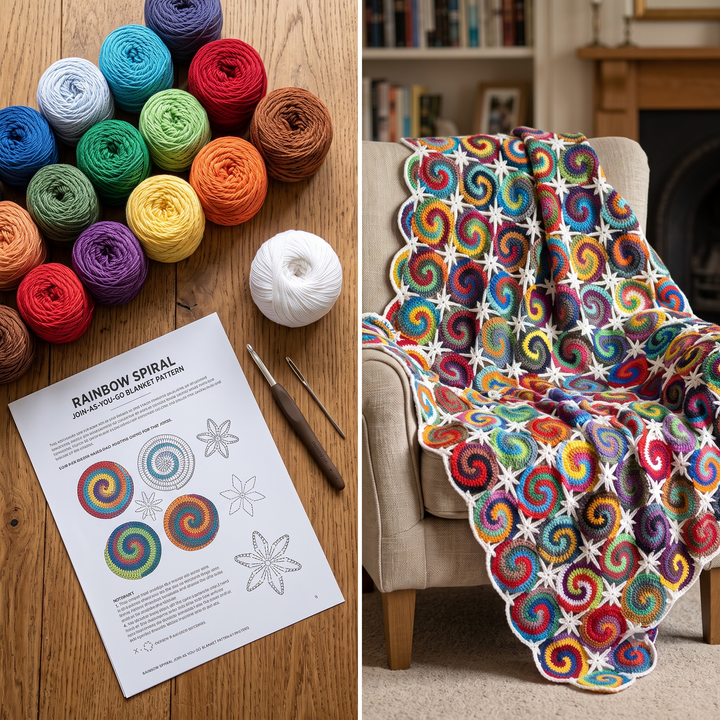 Spiral Swirl Blanket Crochet Pattern PDF, Colorful Motif Afghan, Multicolor Spiral Throw, Star Join Blanket, Scrap Yarn, Instant Download