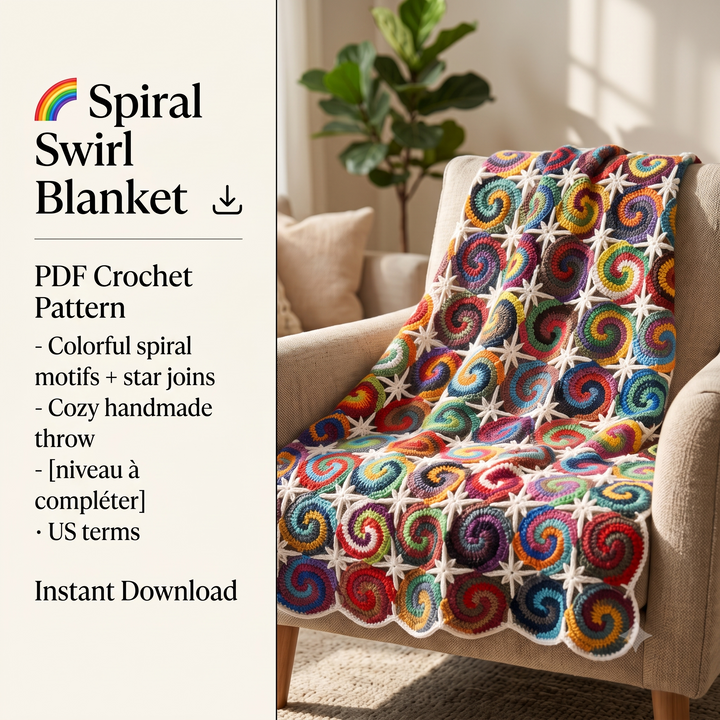 Spiral Swirl Blanket Crochet Pattern PDF, Colorful Motif Afghan, Multicolor Spiral Throw, Star Join Blanket, Scrap Yarn, Instant Download