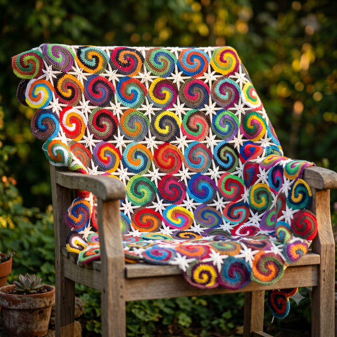 Spiral Swirl Blanket Crochet Pattern PDF, Colorful Motif Afghan, Multicolor Spiral Throw, Star Join Blanket, Scrap Yarn, Instant Download