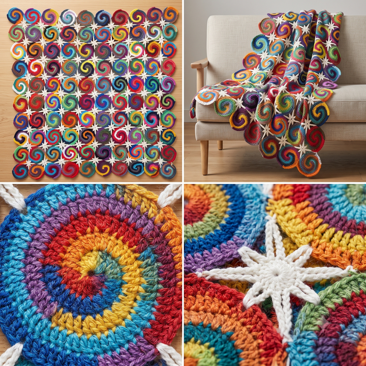 Spiral Swirl Blanket Crochet Pattern PDF, Colorful Motif Afghan, Multicolor Spiral Throw, Star Join Blanket, Scrap Yarn, Instant Download