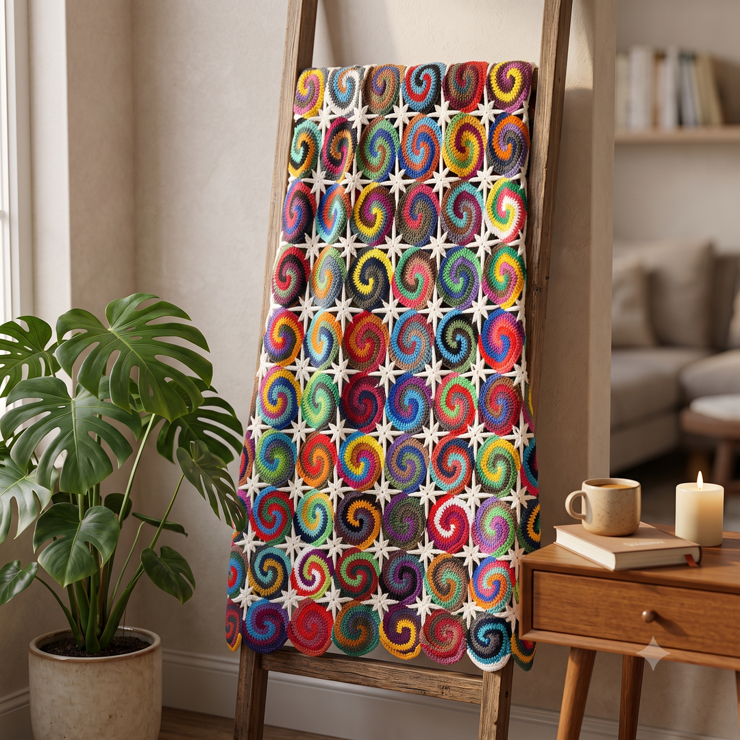 Spiral Swirl Blanket Crochet Pattern PDF, Colorful Motif Afghan, Multicolor Spiral Throw, Star Join Blanket, Scrap Yarn, Instant Download