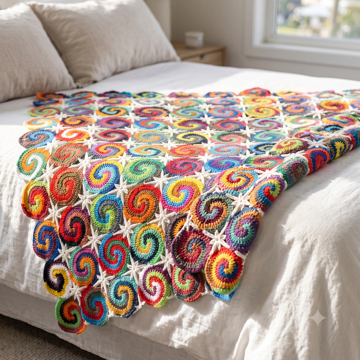 Spiral Swirl Blanket Crochet Pattern PDF, Colorful Motif Afghan, Multicolor Spiral Throw, Star Join Blanket, Scrap Yarn, Instant Download