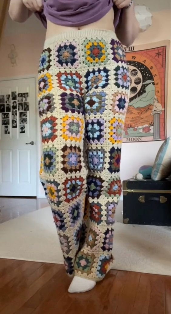 Boho Granny Square Crochet Pants Pattern With Patchwork Style