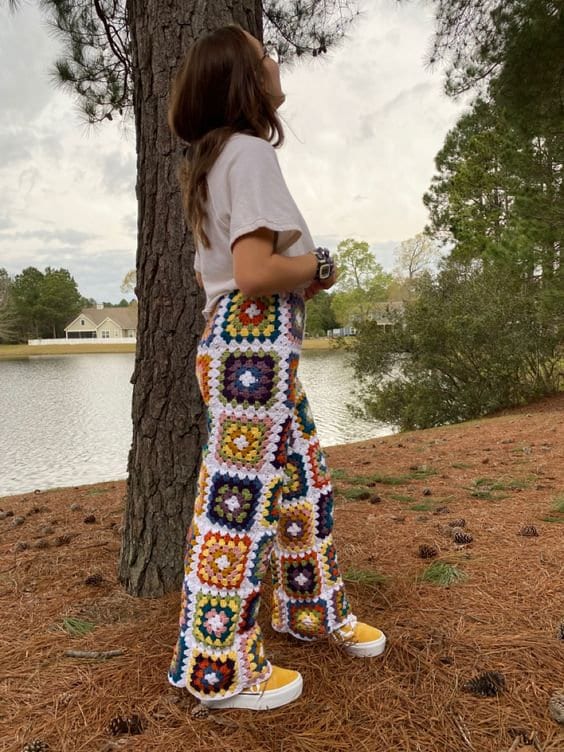 Boho Granny Square Crochet Pants Pattern With Patchwork Style