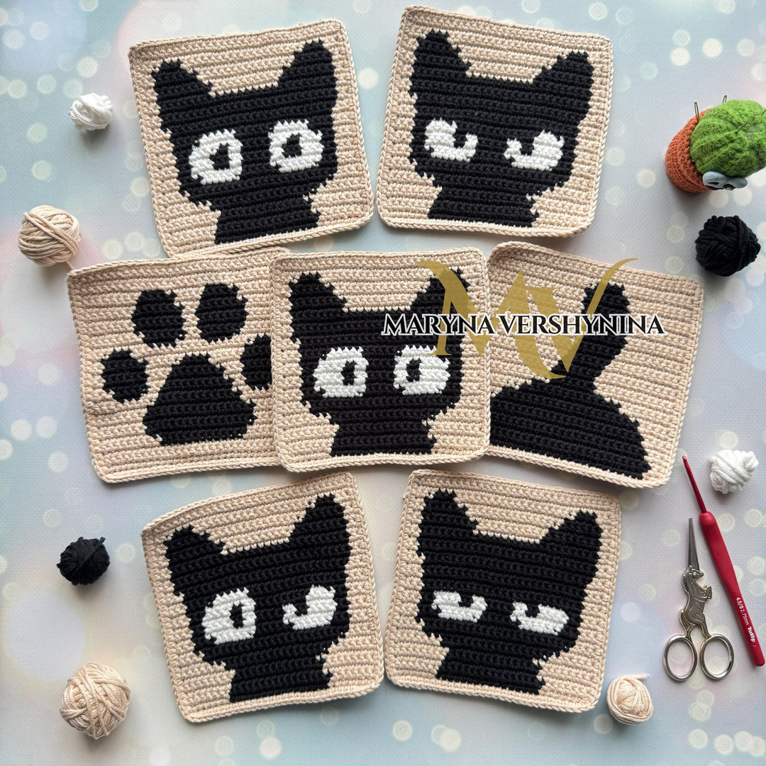 7 in 1 Intarsia Cat Granny Square Crochet Pattern