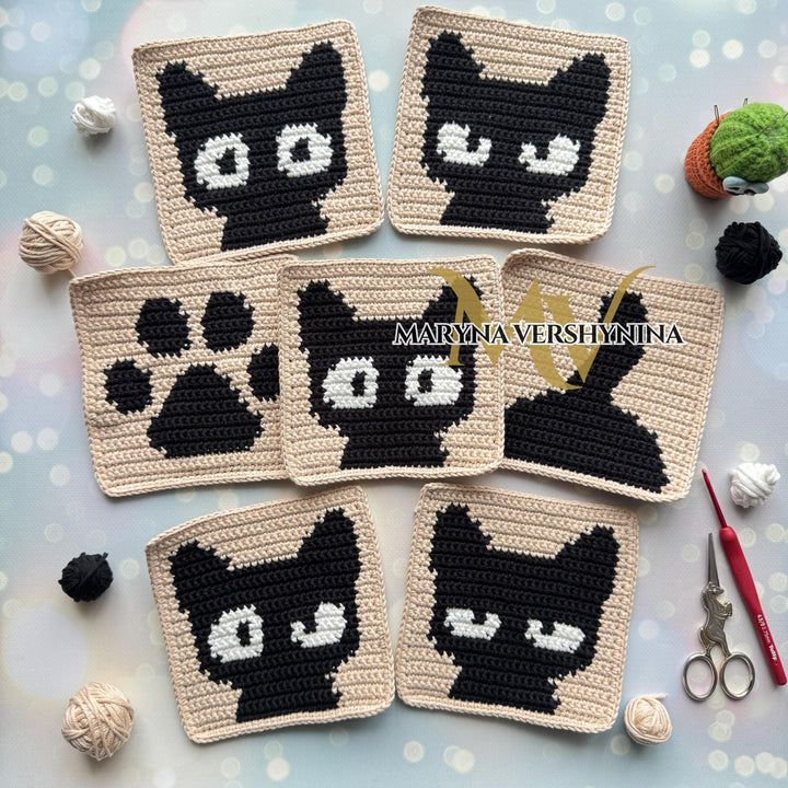 7 in 1 Intarsia Cat Granny Square Crochet Pattern