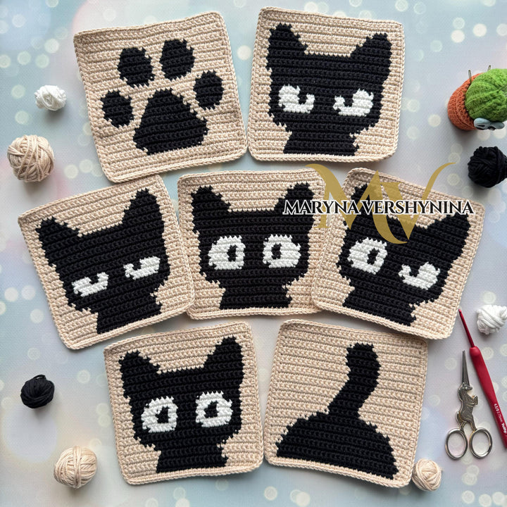 7 in 1 Intarsia Cat Granny Square Crochet Pattern