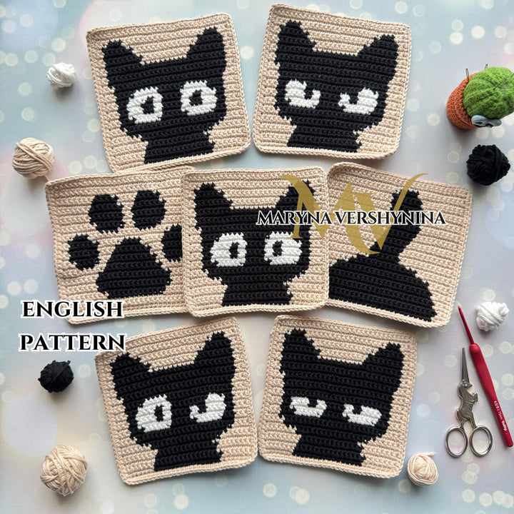 7 in 1 Intarsia Cat Granny Square Crochet Pattern