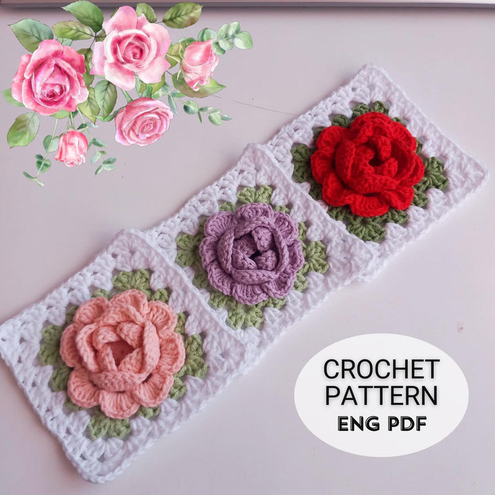 3D Rose Flower Granny Square Crochet Pattern