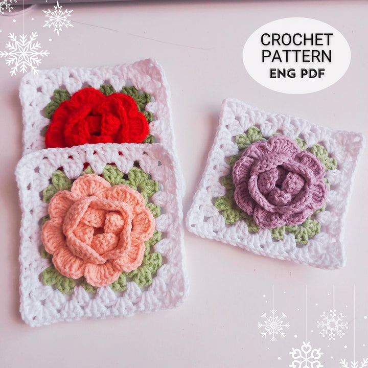 3D Rose Flower Granny Square Crochet Pattern