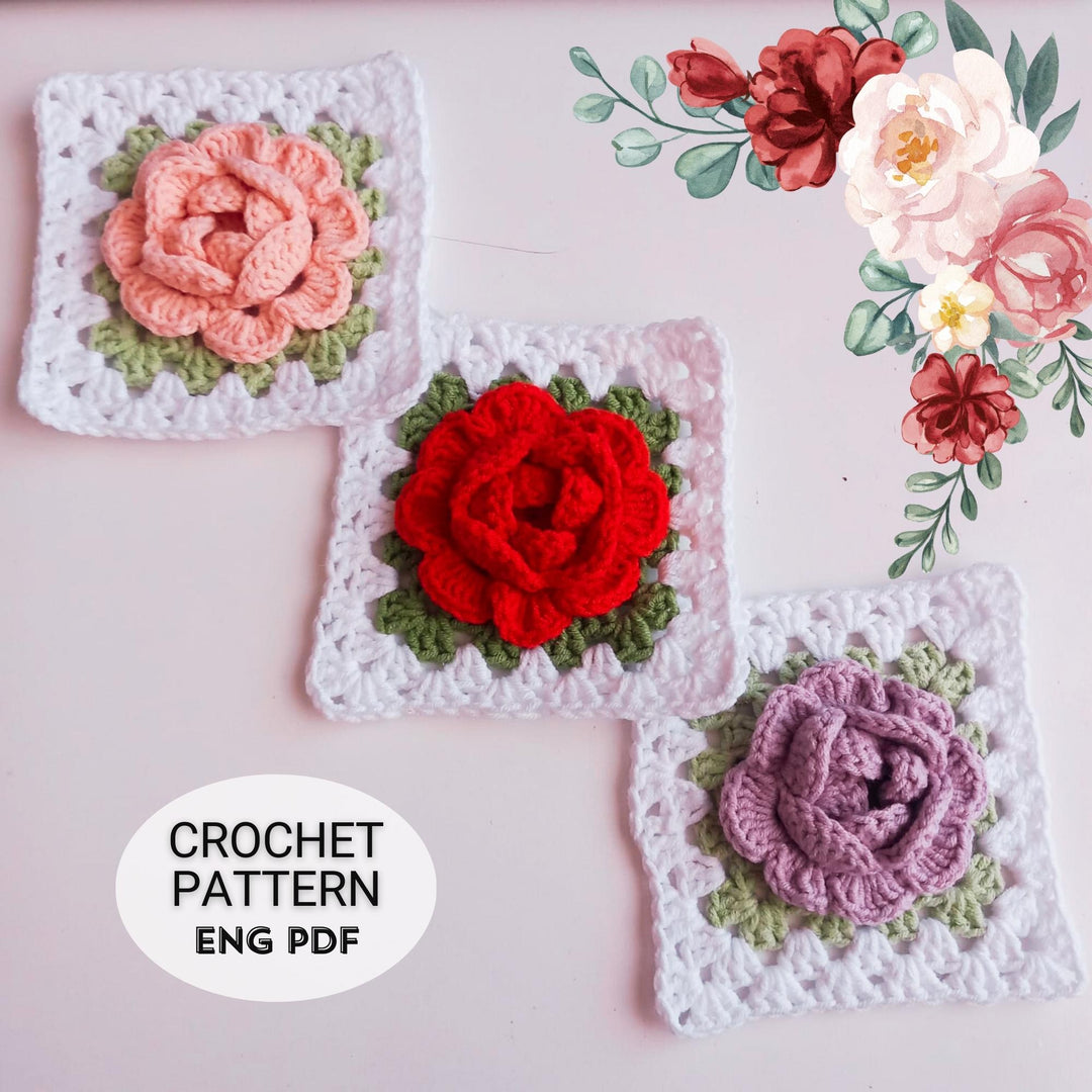 3D Rose Flower Granny Square Crochet Pattern