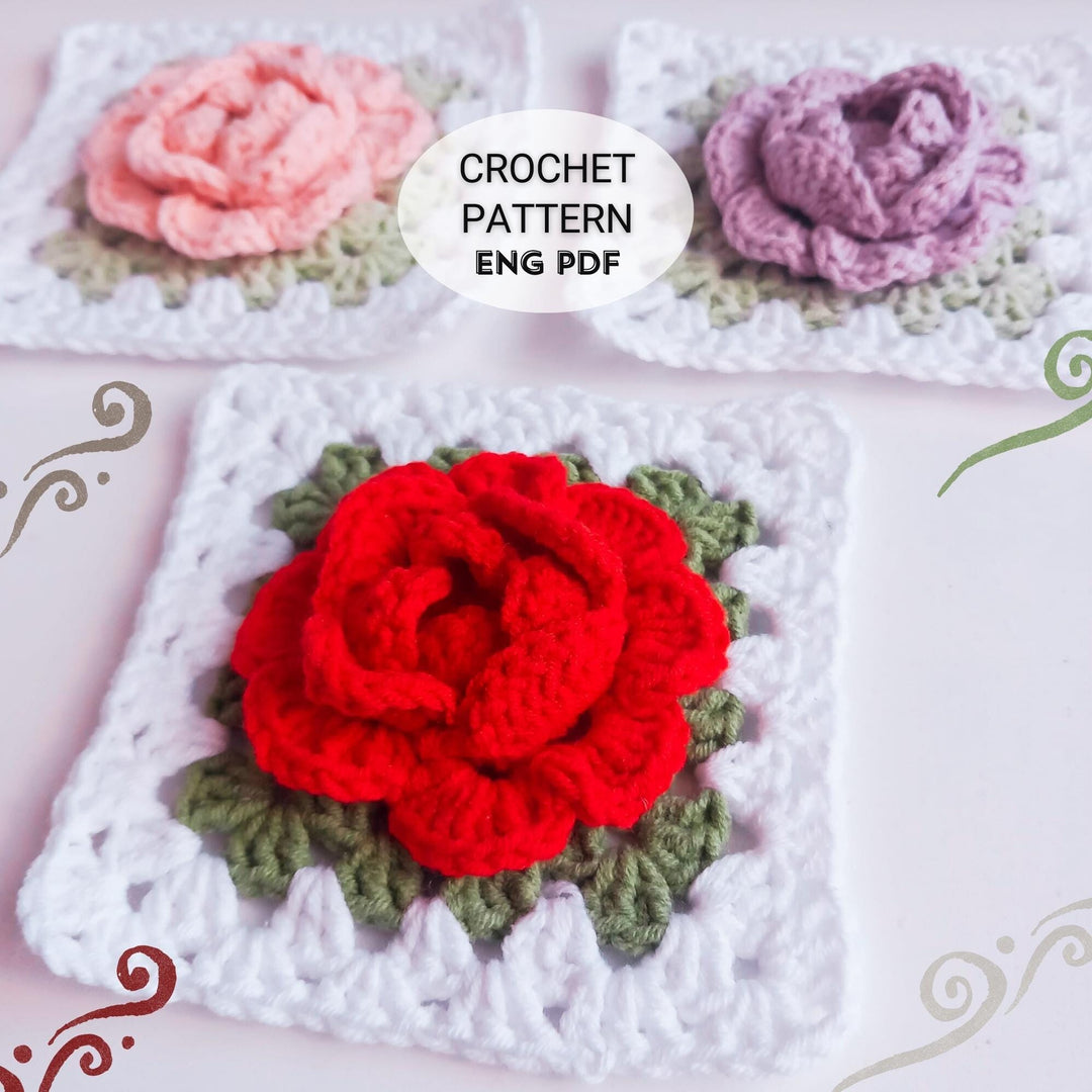 3D Rose Flower Granny Square Crochet Pattern