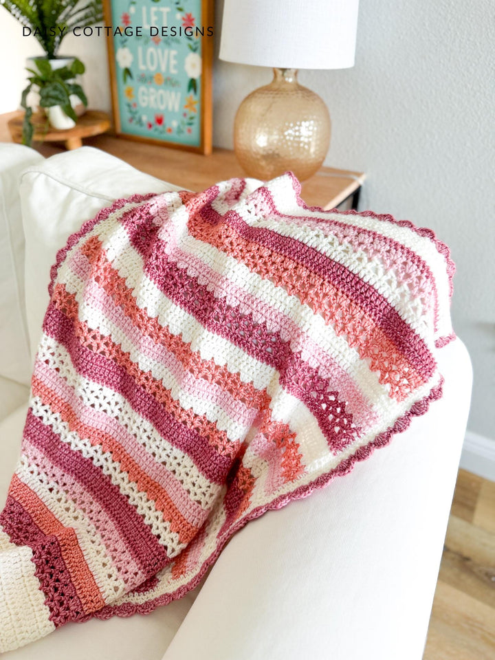 Beginner Raspberry Lattice Striped Blanket Crochet Pattern