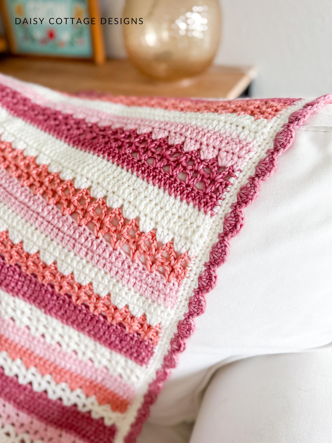 Beginner Raspberry Lattice Striped Blanket Crochet Pattern