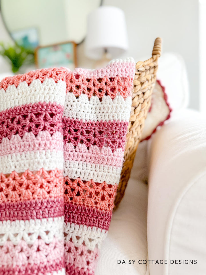 Beginner Raspberry Lattice Striped Blanket Crochet Pattern