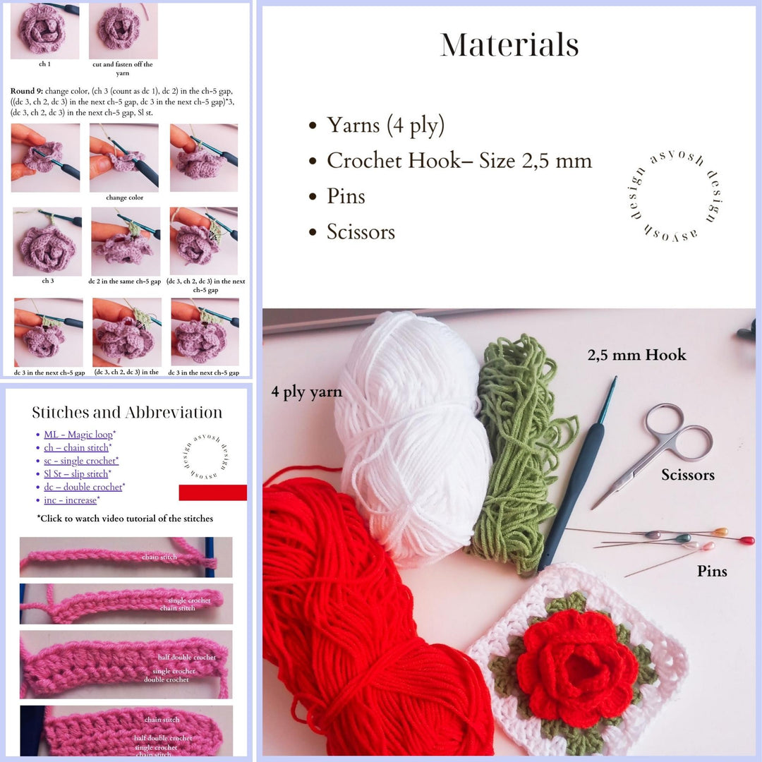 3D Rose Flower Granny Square Crochet Pattern
