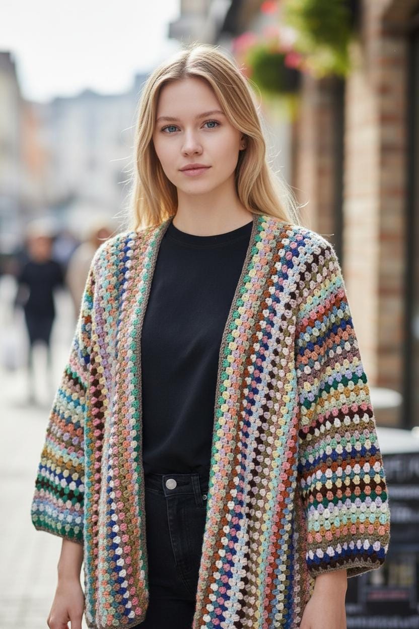 Granny Stitch Striped Long Cardigan Crochet Pattern