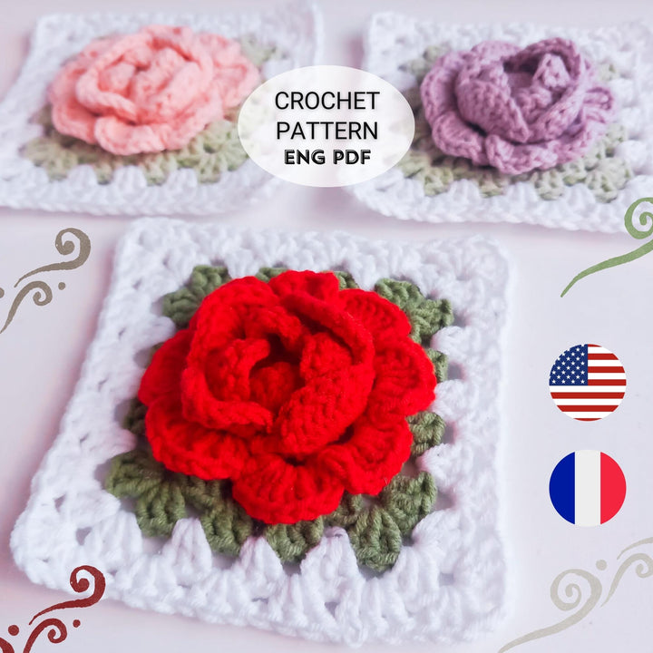 3D Rose Flower Granny Square Crochet Pattern