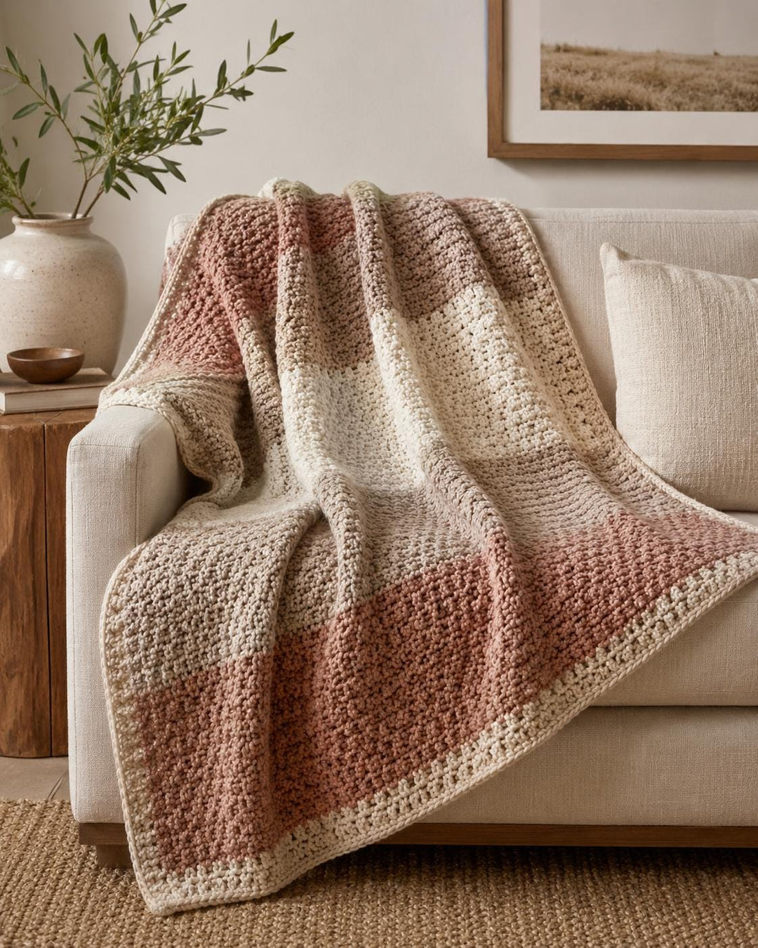 Soft Modern Moss Stitch Neutral Blanket Crochet Pattern