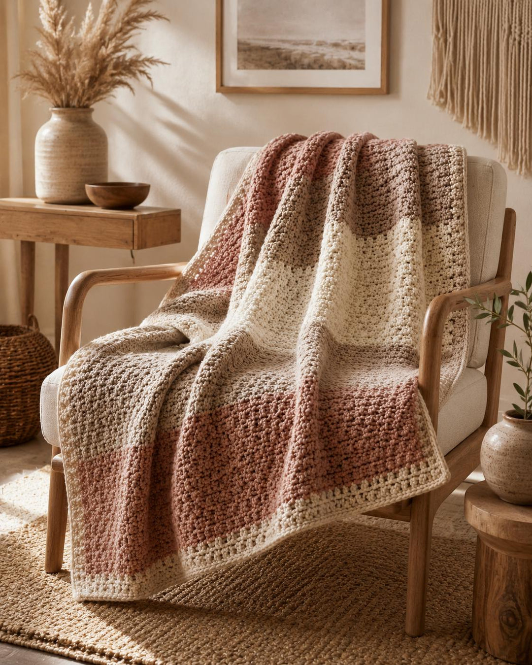 Soft Modern Moss Stitch Neutral Blanket Crochet Pattern