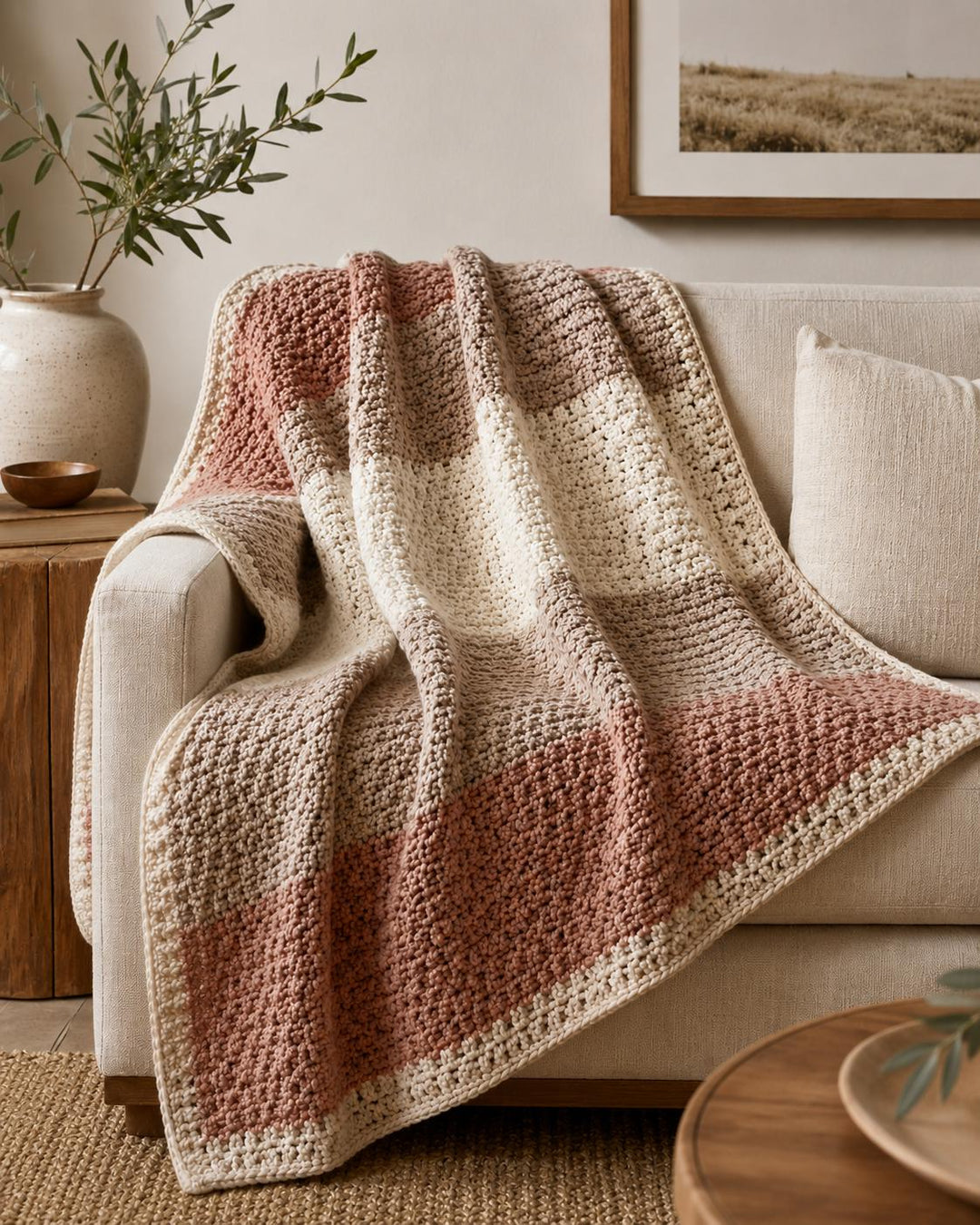 Soft Modern Moss Stitch Neutral Blanket Crochet Pattern