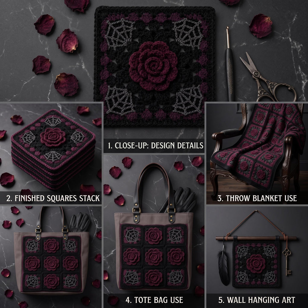 Gothic Midnight Rose Granny Square Crochet Pattern