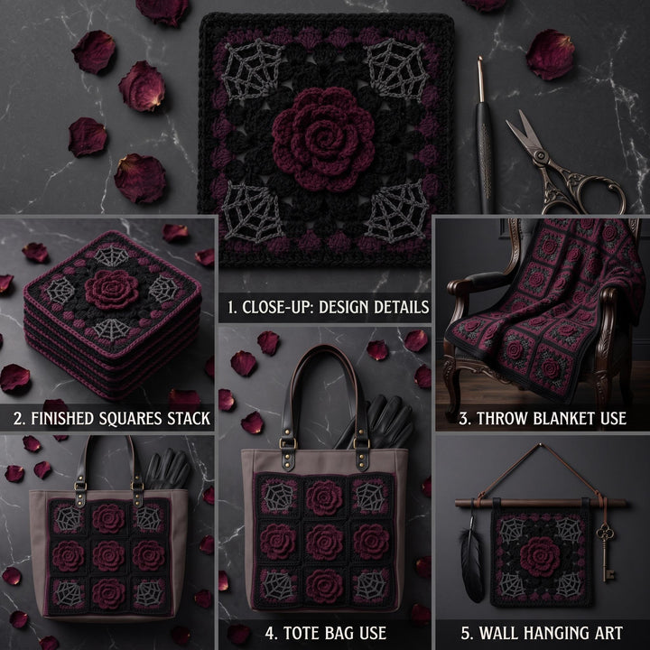 Gothic Midnight Rose Granny Square Crochet Pattern