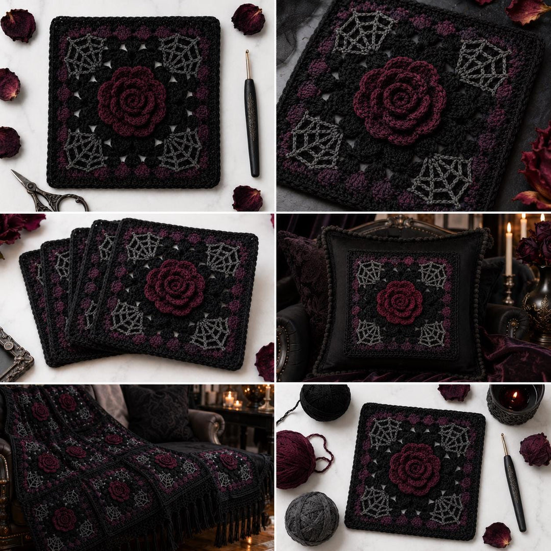 Gothic Midnight Rose Granny Square Crochet Pattern