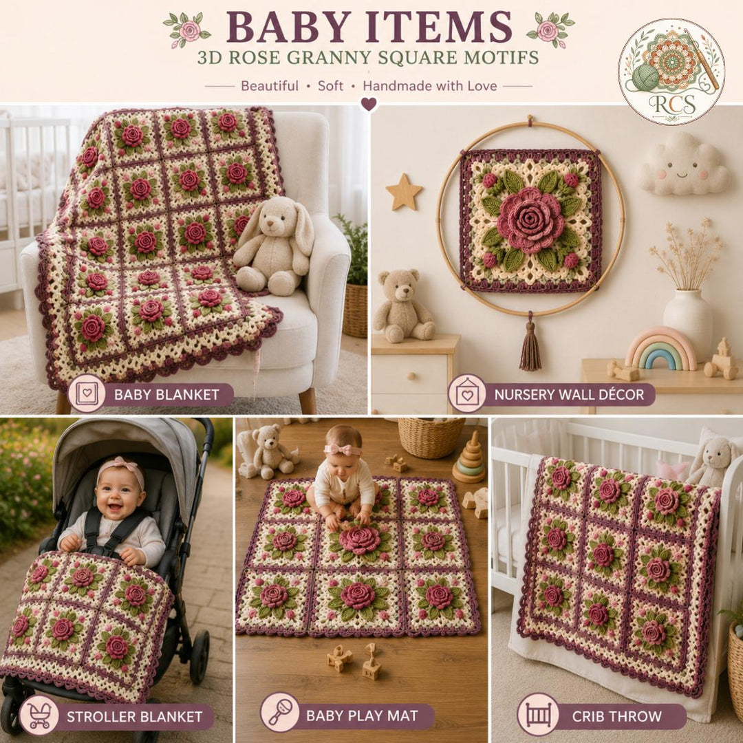 Heritage Rose 3D Granny Square Crochet Pattern