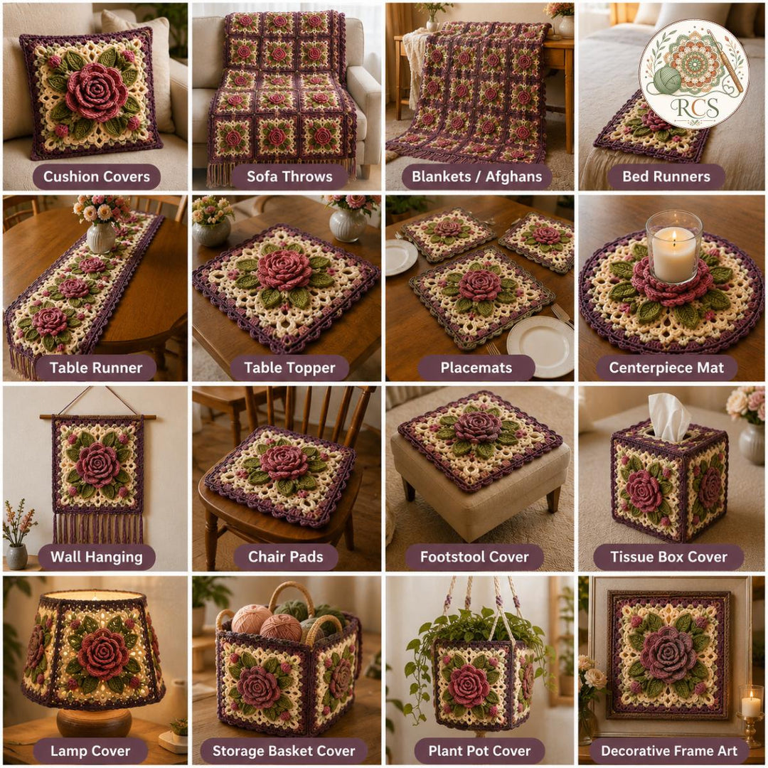 Heritage Rose 3D Granny Square Crochet Pattern