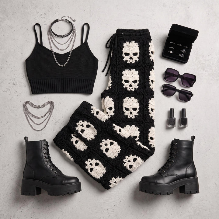 Gothic Midnight Skull Granny Square Pants Crochet Pattern