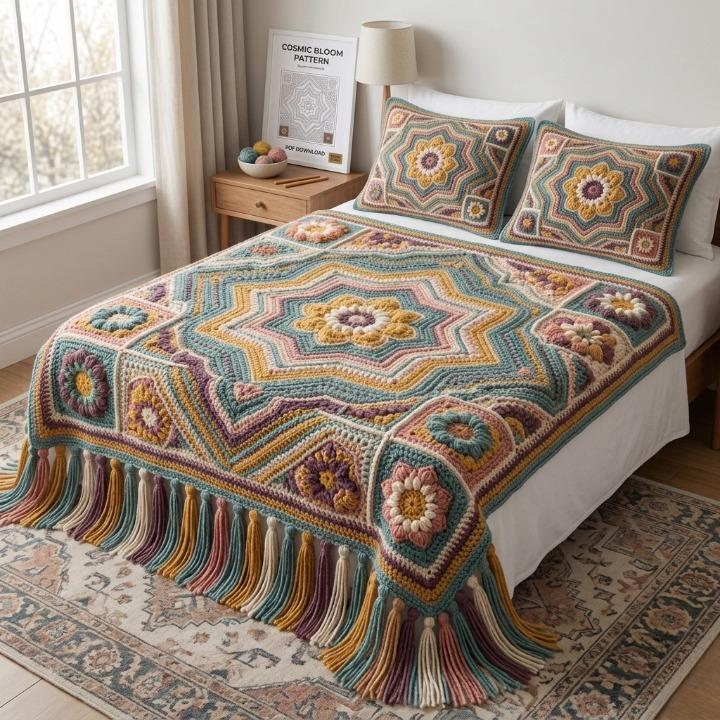 Cosmic Bloom Mandala Floral Blanket Crochet Pattern