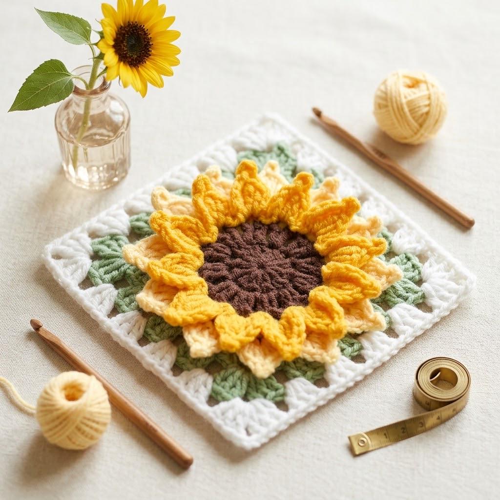 3D Sunflower Granny Square Crochet Pattern