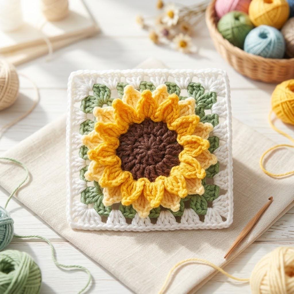 3D Sunflower Granny Square Crochet Pattern