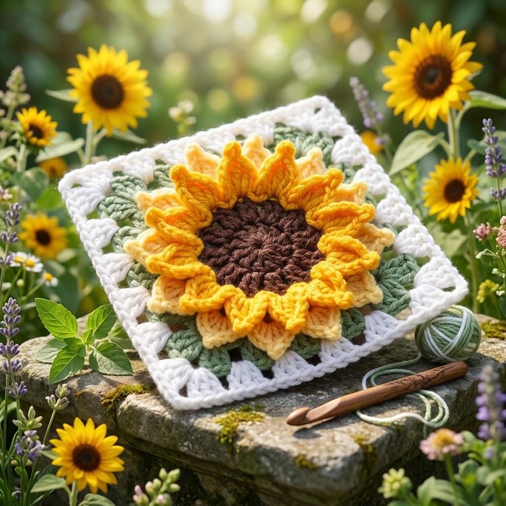 3D Sunflower Granny Square Crochet Pattern
