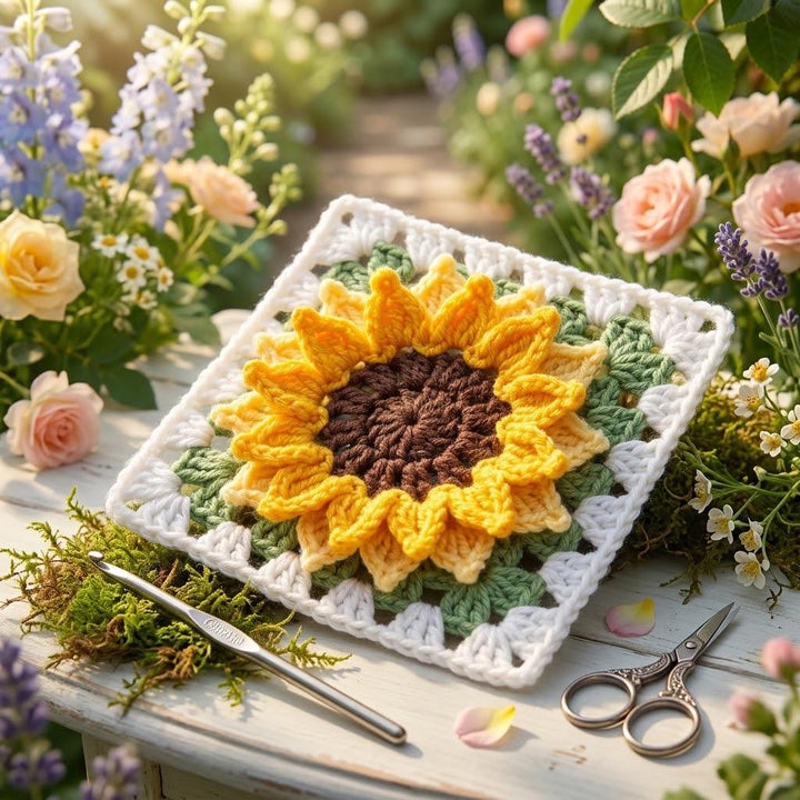 3D Sunflower Granny Square Crochet Pattern