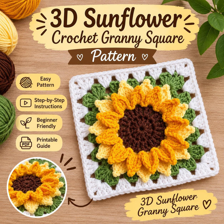 3D Sunflower Granny Square Crochet Pattern