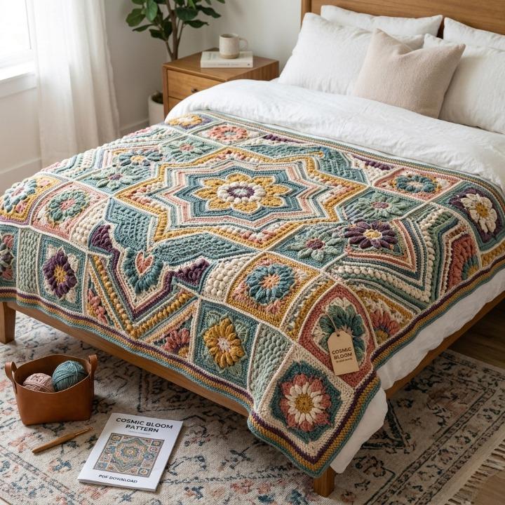Cosmic Bloom Mandala Floral Blanket Crochet Pattern