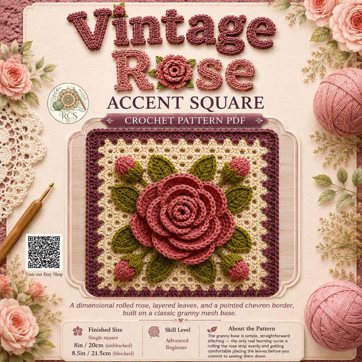 Heritage Rose 3D Granny Square Crochet Pattern