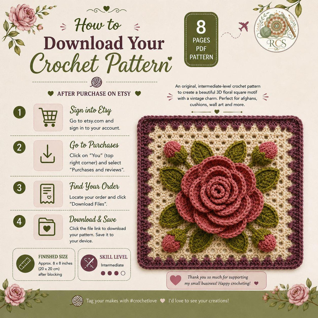 Heritage Rose 3D Granny Square Crochet Pattern