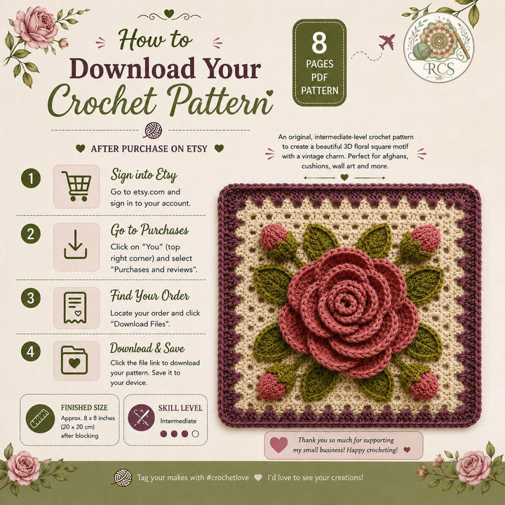 Heritage Rose 3D Granny Square Crochet Pattern