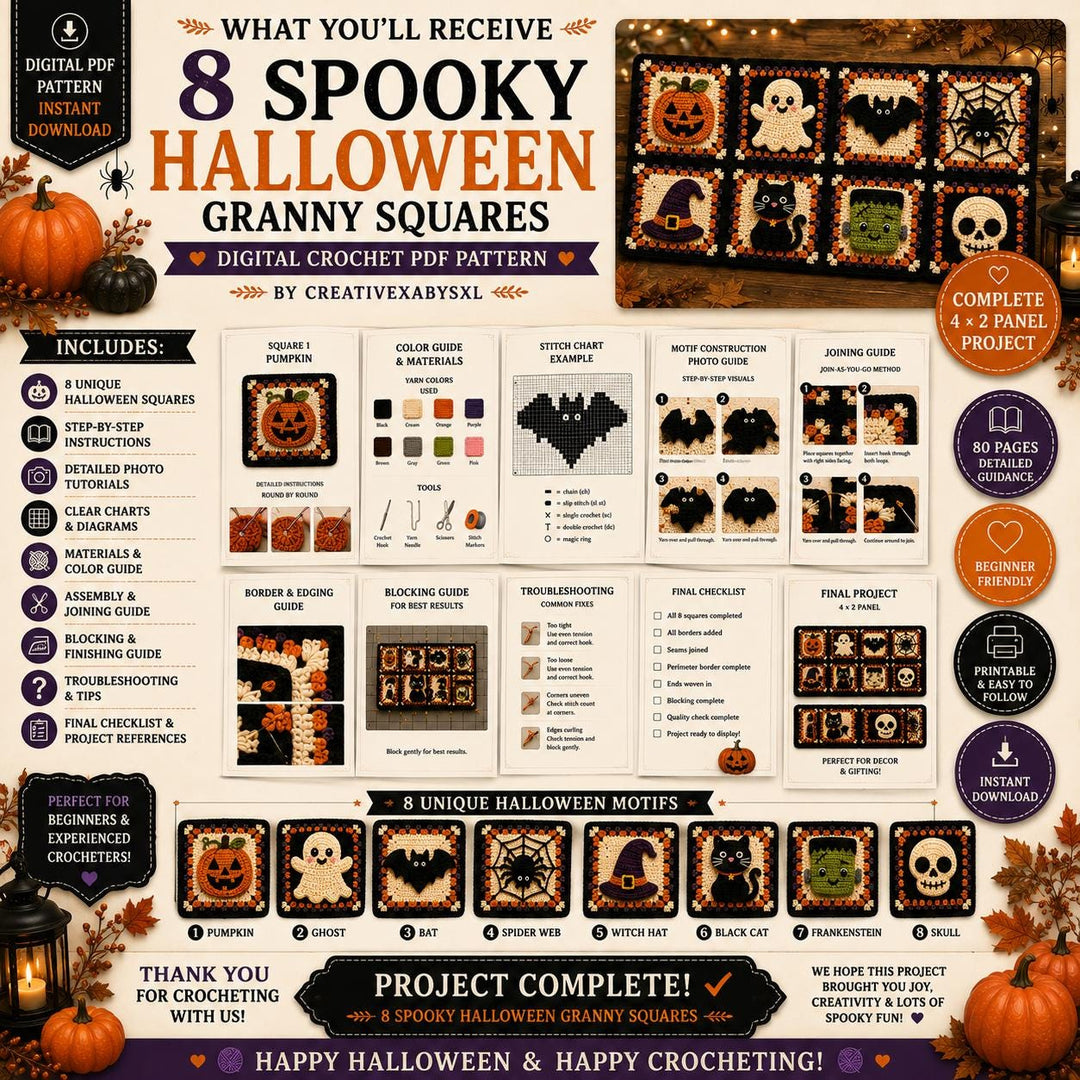 8 in 1 Halloween Granny Square Crochet Pattern