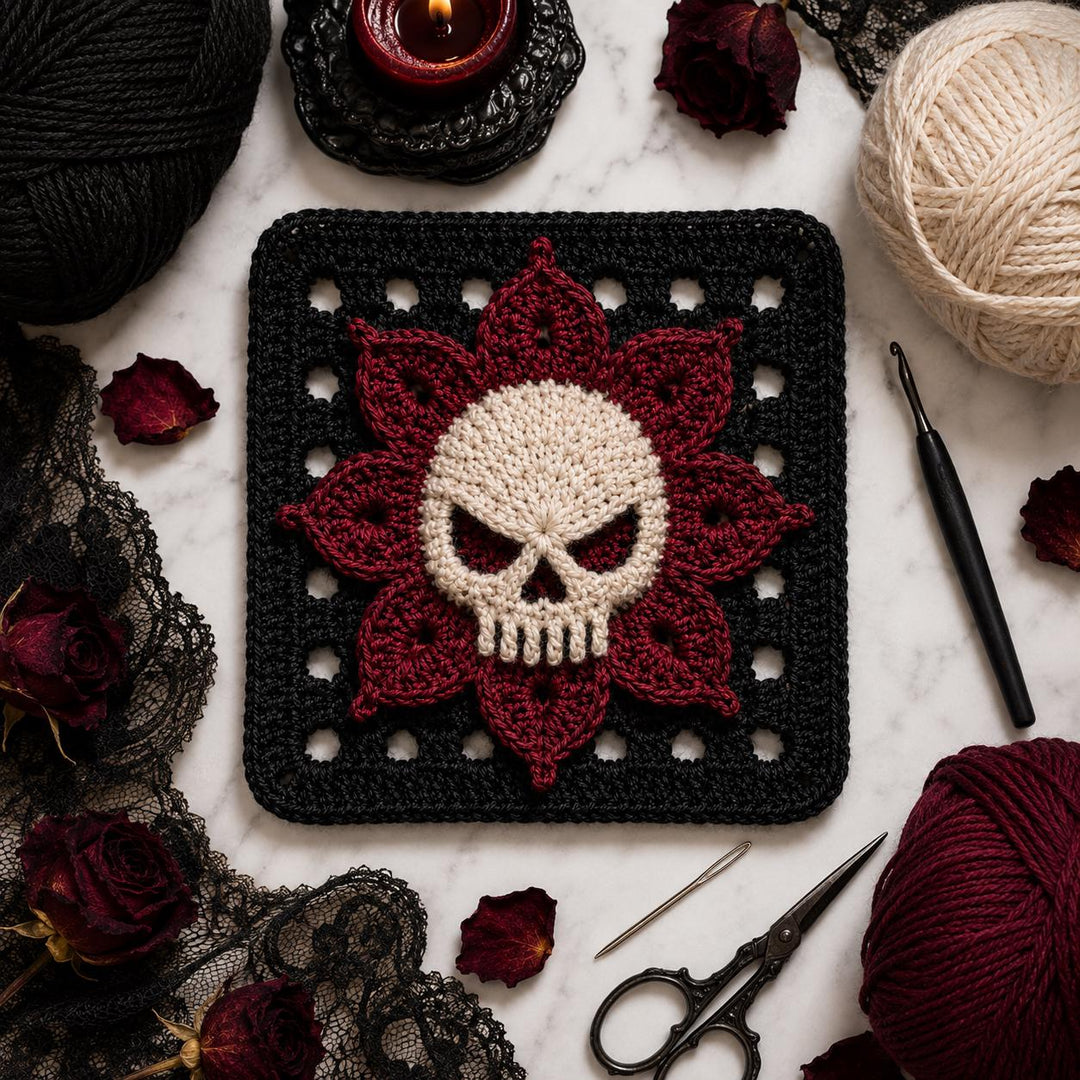 Gothic Skull Flower Granny Square Crochet Pattern