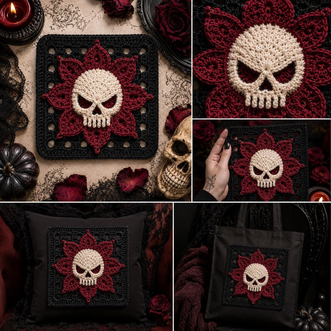 Gothic Skull Flower Granny Square Crochet Pattern
