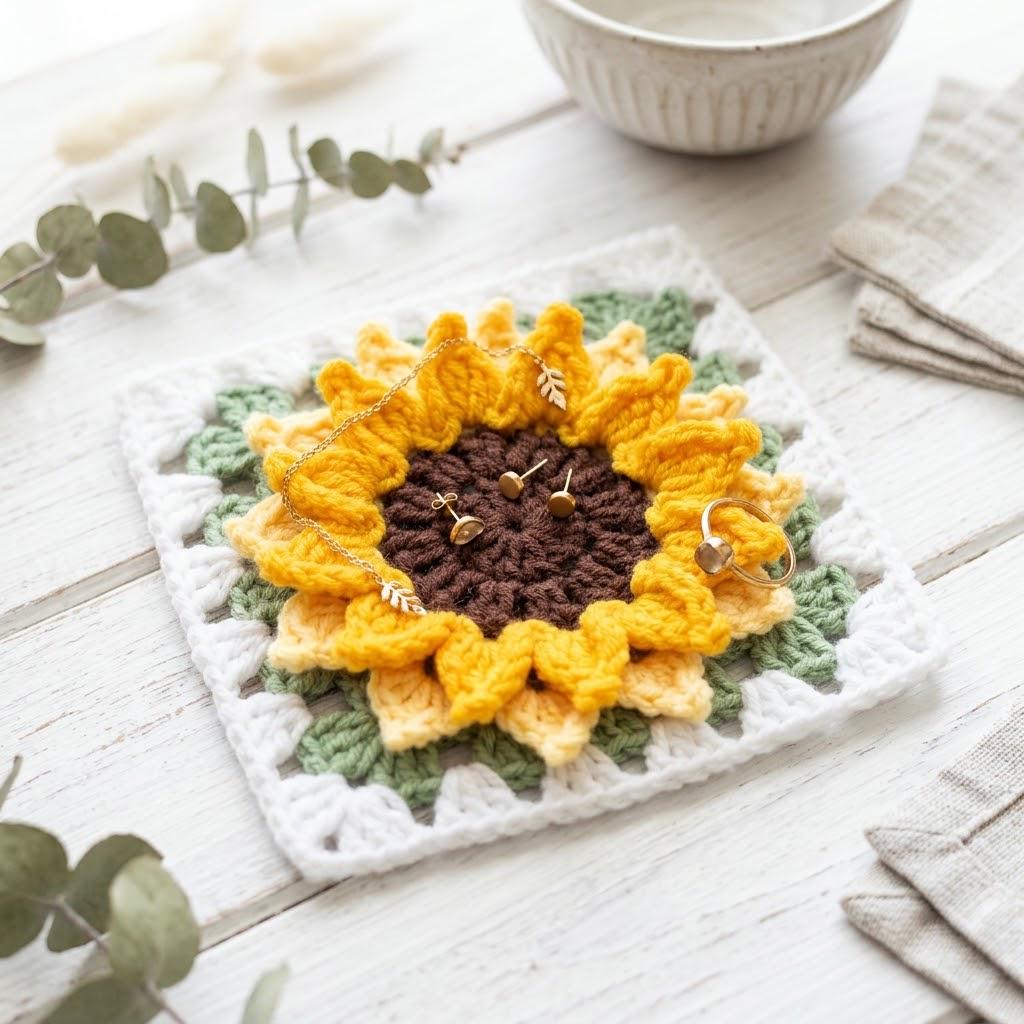 3D Sunflower Granny Square Crochet Pattern